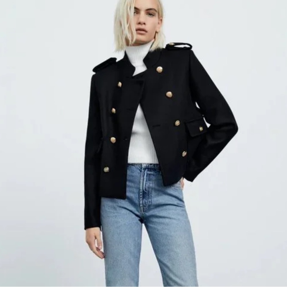 Zara Black Military-Style Double-Breasted Utility Jacket